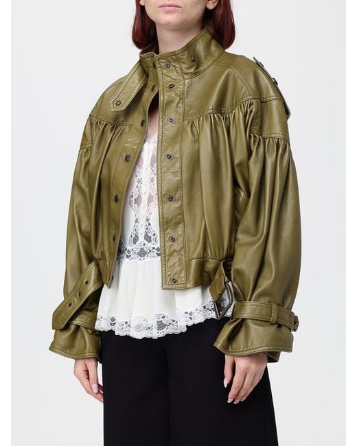 Chloé Green Chlo&Eacute Cropped Lambskin Leather Jacket With Shoulder Epaulettes