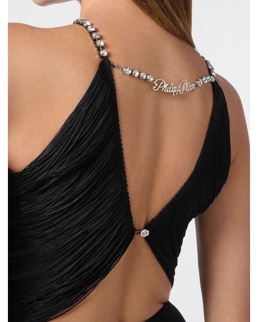 Philipp Plein Black Long Crêpe Evening Gown With Cut-Outs And Front Slit