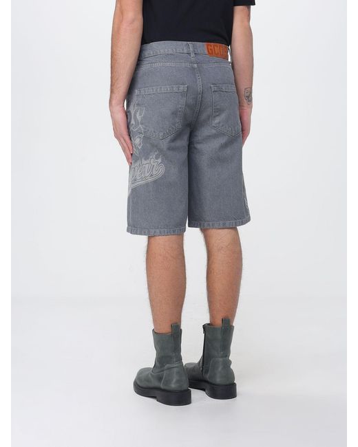 Gcds Blue Cotton Denim Bermuda Shorts With Logo Print for men