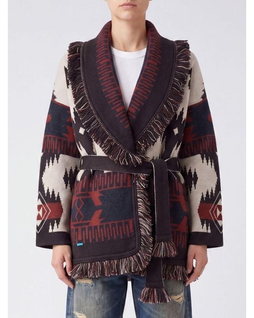 Alanui Brown Robe-Cardigan Aus Kaschmir Mit Ethnischem Muster Und Fransen