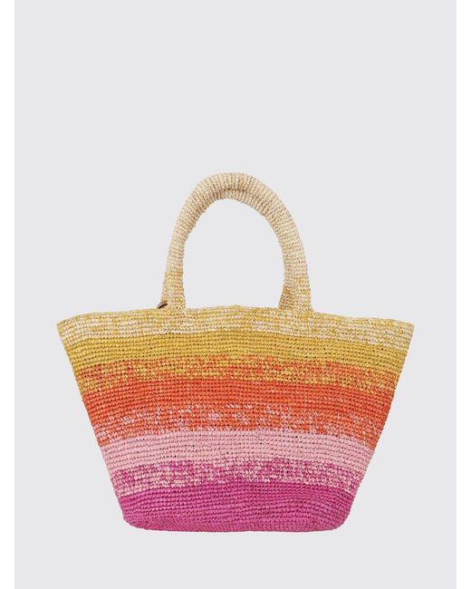 Manebí Pink Multicolour Striped Raffia Handbag With Logo Charm