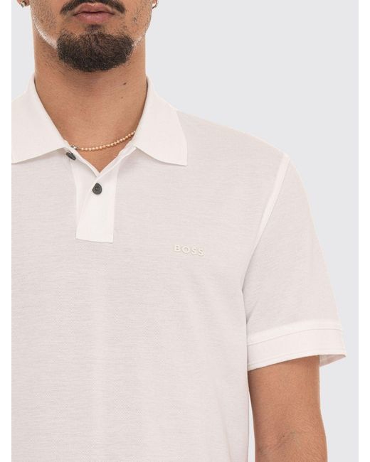 Boss White Short-Sleeved Cotton Polo Shirt With Ribbed Collar for men