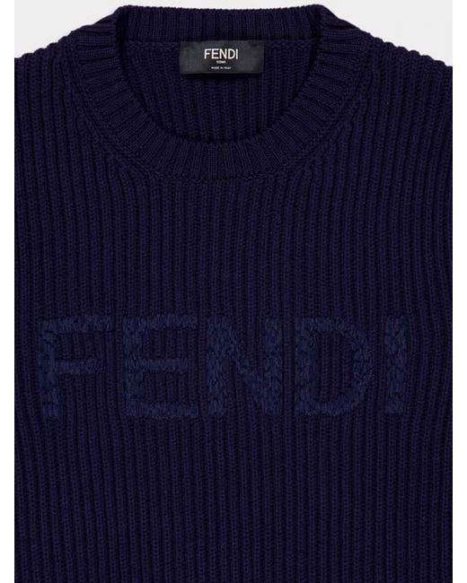 Fendi Blue Wool Crew Neck Pullover for men