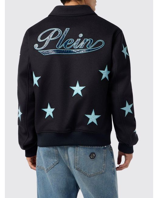 Philipp Plein Blue Animalier And Star Print Wool Bomber Jacket for men