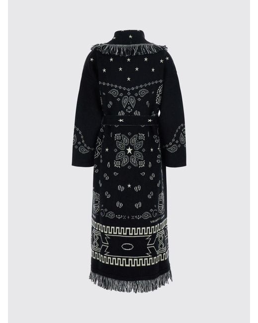 Alanui Blue Long Jacquard Virgin Wool Robe Cardigan With Fringes