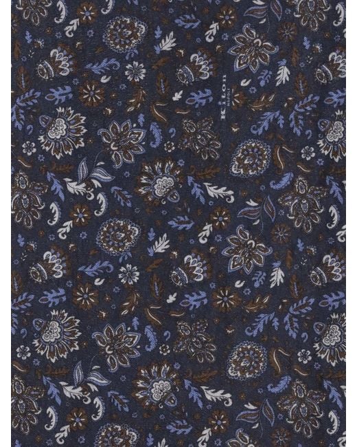 Kiton Blue Rectangular Floral Print Silk Scarf With Fringed Edges for men