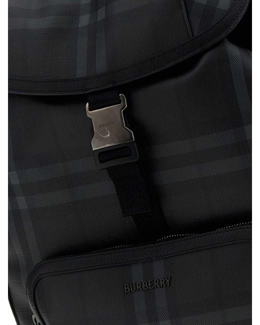 Burberry Black Check Pattern Coated Cotton Backpack With Flap Closure for men