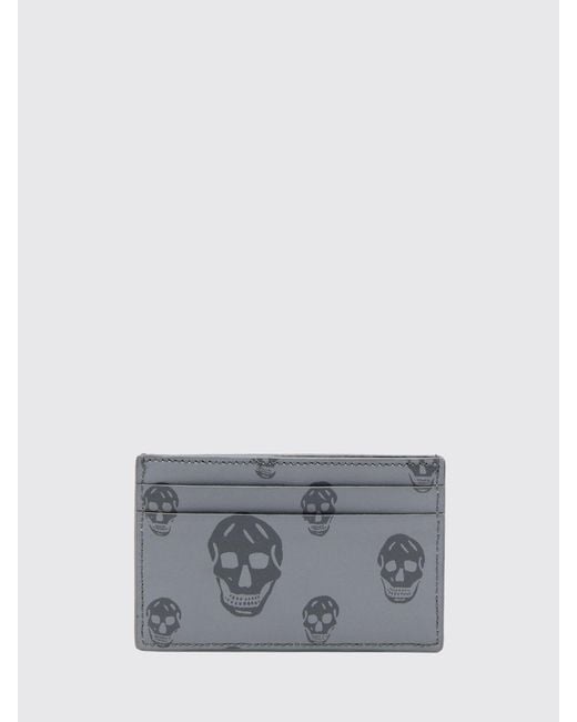 McQueen Gray Skull Printed Leather Card Holder for men