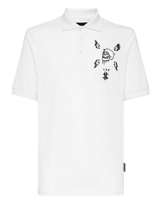 Philipp Plein White Slim Fit Cotton Polo Shirt With Skull Print And Logo for men