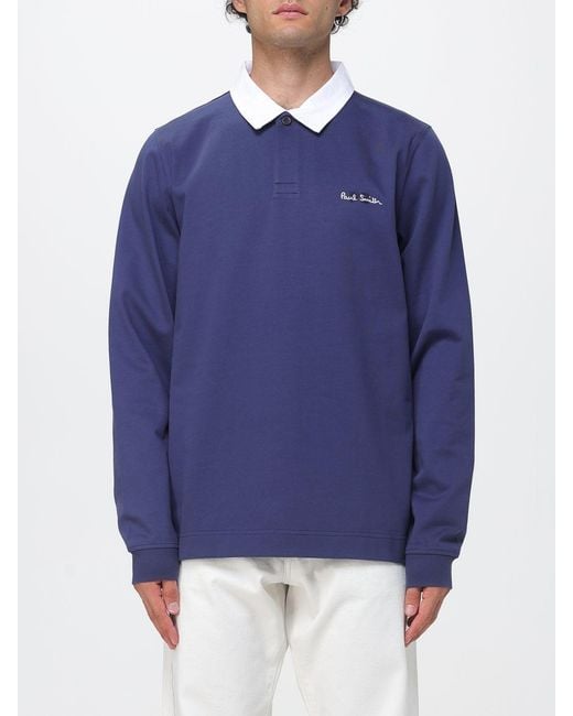Paul Smith Blue Long-Sleeved Organic Cotton Polo Shirt With Contrast Logo for men