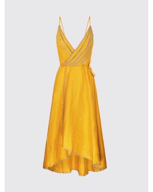 Farm Rio Yellow Midi Linen Wrap Dress With Asymmetrical Hem And Thin Straps