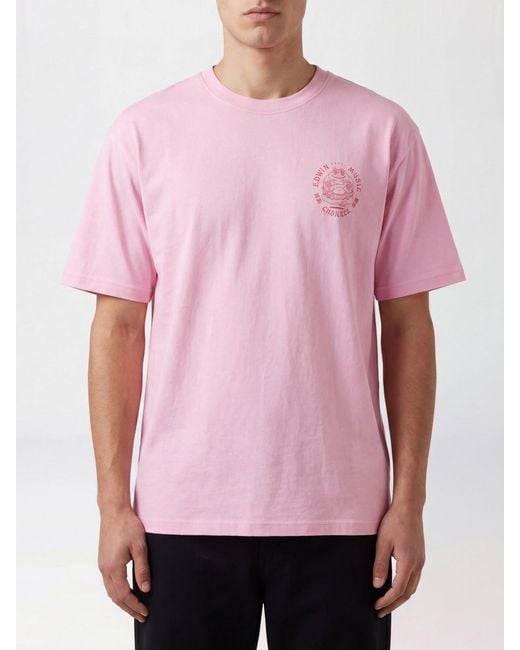 Edwin Pink Printed Cotton T-Shirt for men