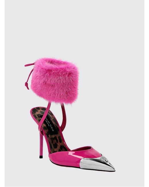 Philipp Plein Pink Patent Leather Slingback Pumps With Skull And Stiletto Heel