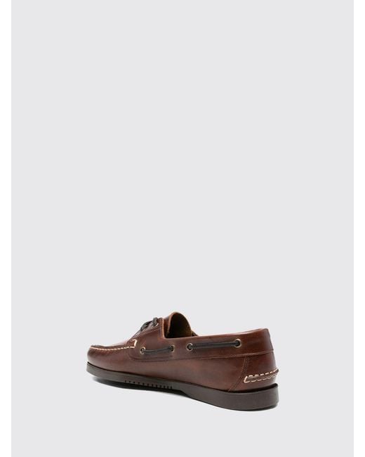 Paraboot Brown Smooth Calfskin Leather Boat Shoes With Rubber Soles for men