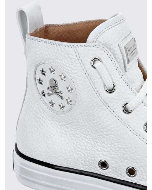 Philipp Plein White High-Top Hammered Leather Sneakers With Skull And Star Print