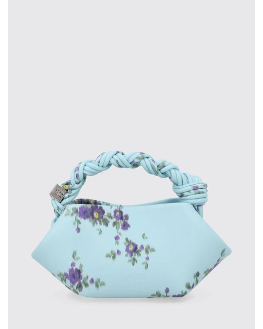 Ganni Blue Bou Floral Recycled Leather Handbag With Braided Handle