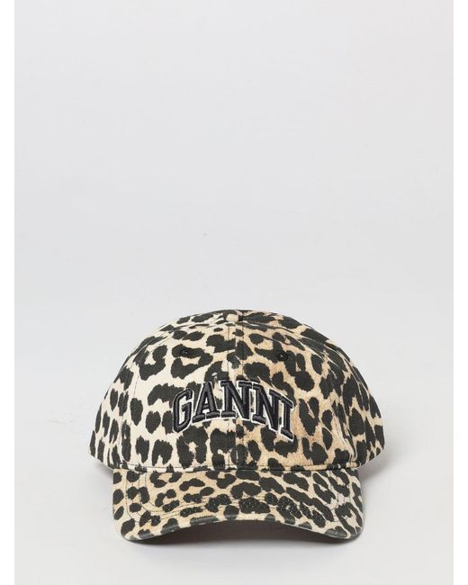 Ganni Brown Embroidered Logo Animal Print Cotton Twill Hat