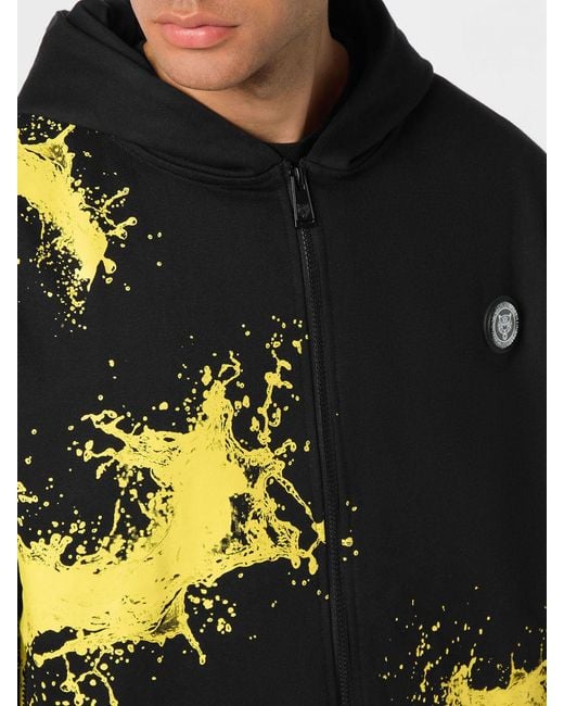 Philipp Plein Black Splash Abstract Print Zip-Up Hooded Sweatshirt for men