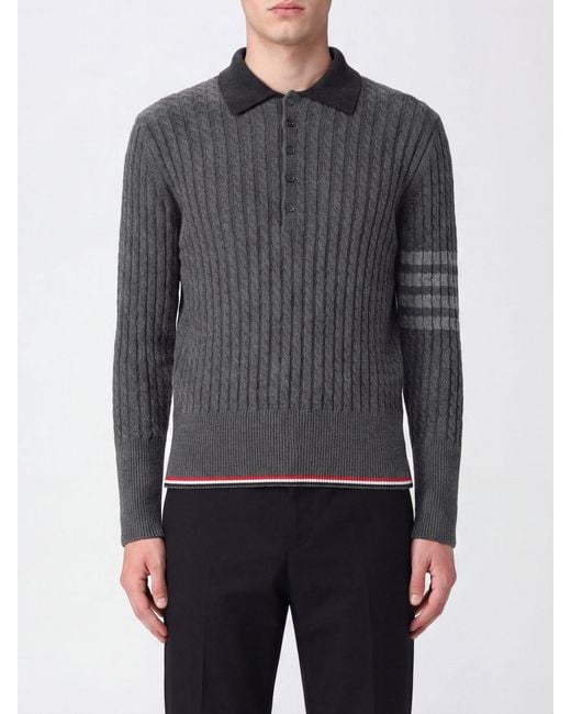 Thom Browne Gray 4-Bar Slim Fit Long-Sleeved Virgin Wool Polo for men