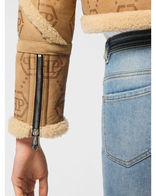 Philipp Plein Blue Cropped Shearling Jacket With Butterfly Print And Fur Collar
