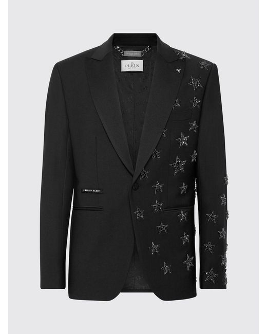 Philipp Plein Black Single Breasted Wool Blazer With All Over Crystal Stars for men