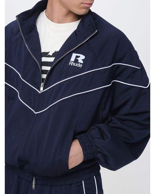 Rhude Blue Cropped Polyester Bomber Jacket With High Neck And Contrast Logo for men