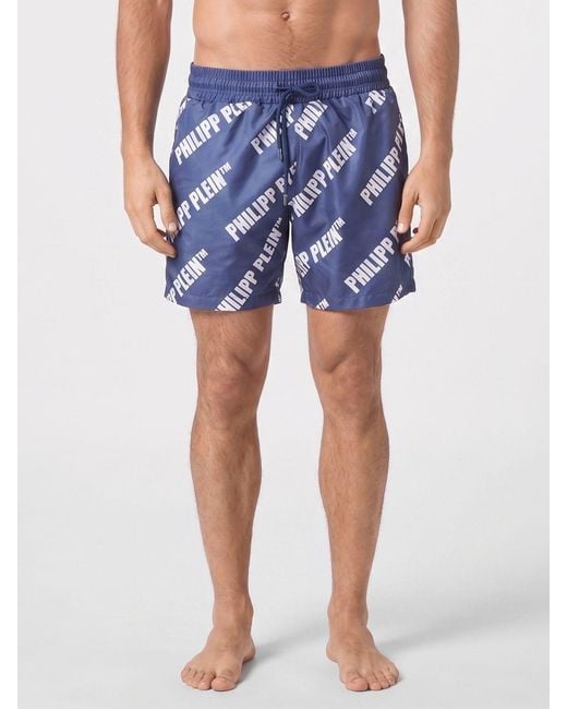 Philipp Plein Blue Nylon Swim Trunks With Contrasting Logo And Drawstring for men