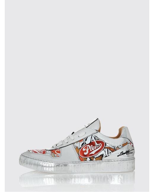 Philipp Plein White Laminated Patent Leather Sneakers With Graphic Print for men