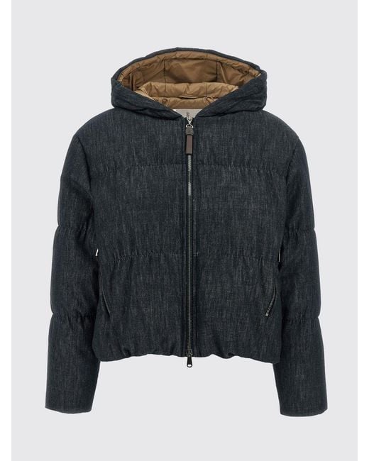 Brunello Cucinelli Blue Short Quilted Cotton Down Jacket With Hood And Zip Closure