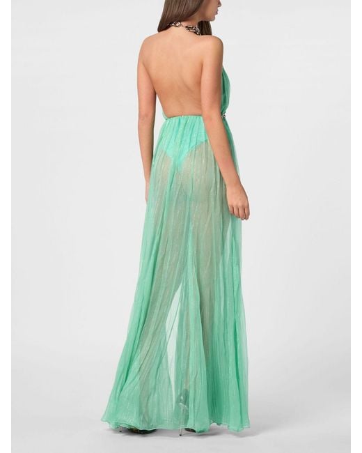 Philipp Plein Green Long Chiffon Evening Gown With Halter Neck And Slit