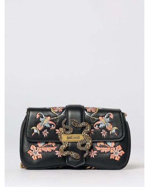 Just Cavalli Gray Synthetic Leather Bag With Floral Embroidery