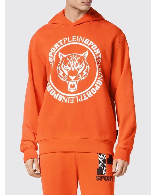 Philipp Plein Orange Graphic Print Cotton Hoodie With Dropped Shoulders for men