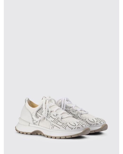 Doucal's White Perforated Leather And Crochet Knit Sneakers