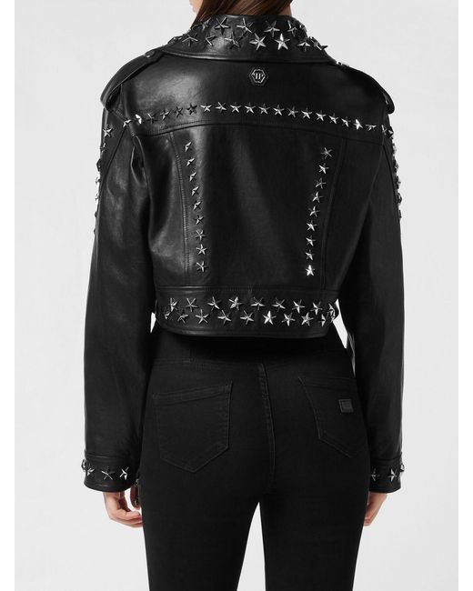 Philipp Plein Black Cropped Leather Biker Jacket With Studs And Stars