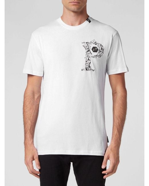 Philipp Plein White Slim Fit Cotton T-Shirt With Monogram Print And Hexagon Logo for men