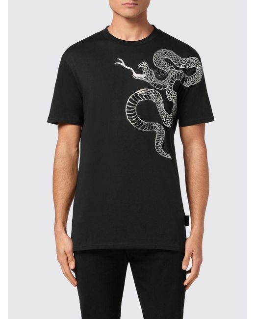Philipp Plein Black Embroidered Snake Print Cotton T-Shirt for men