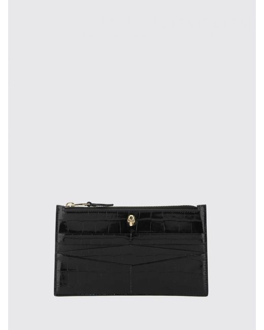 McQueen Black Skull Crocodile Print Leather Card Holder