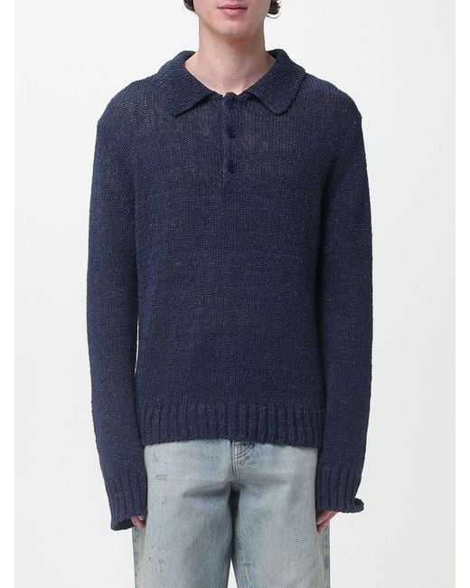 sunflower Blue Cotton And Linen Knit Polo Shirt for men