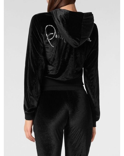 Philipp Plein Black Cropped Velvet Zip-Up Hoodie With Rhinestone Logo Detail