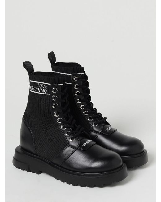 Love Moschino Black Ankle Boots In Leather And Stretch Knit