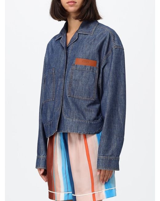 Fendi Blue Cropped Shirt-Style Cotton Denim Jacket With Embossed Logo