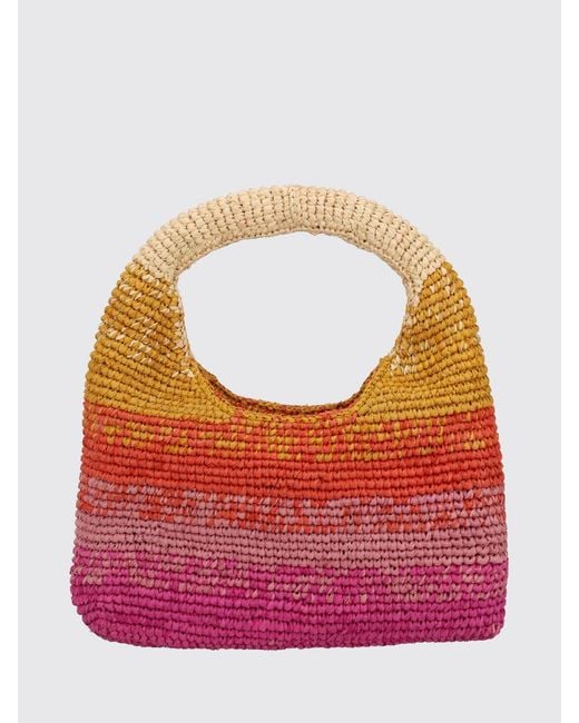 Manebí Pink Rectangular Crochet Raffia Handbag With Stripes