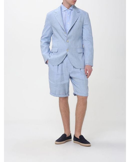 Brunello Cucinelli Blue Single-Breasted Linen Blazer for men