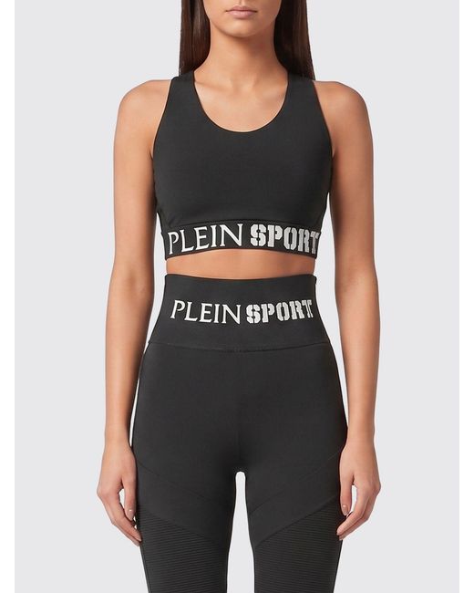 Philipp Plein Black Cropped Jersey Sports Top With Square Neckline And Jacquard Logo