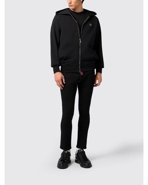 Philipp Plein Black Cotton Zip Up Hoodie for men