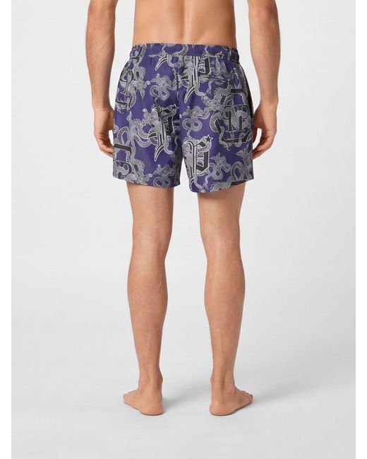 Philipp Plein Blue Printed Polyester Swimsuit for men