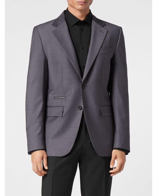 Philipp Plein Gray Single-Breasted Wool Blend Blazer With Peak Lapels for men