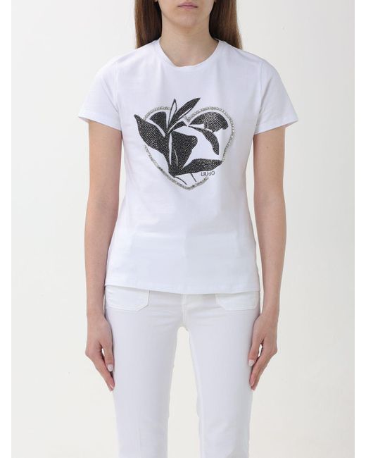 T-shirt in cotone con logo e strass di Liu Jo in White