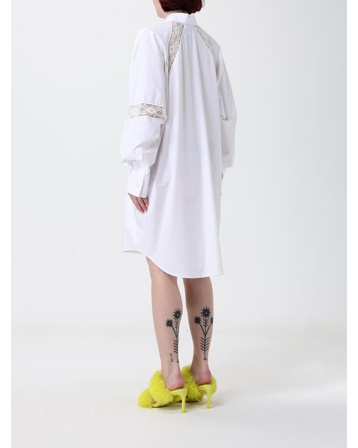 MSGM White Cotton Mini Shirt Dress With Lace Inserts And Asymmetrical Hem