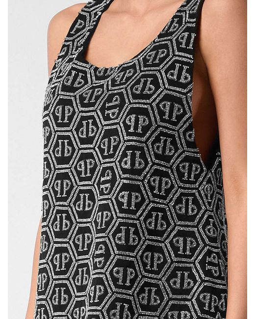 Philipp Plein Black Off-The-Shoulder A-Line Crêpe Mini Dress With Rhinestone Logo